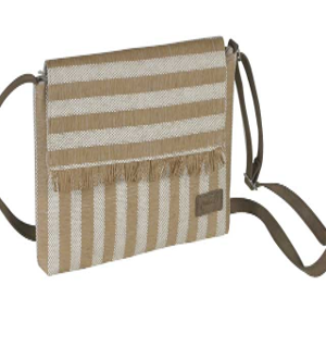 BOLSO SOLAPA RAYAS FLECOS TOSTADO